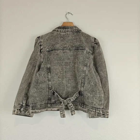 Savanna Jane Nwot Puff Sleeve Denim Cropped Jacket In Black Acid Wash Size LG - Picture 9 of 12
